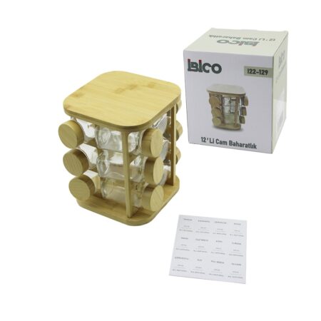 12PCS KARE DÖNER STANDLI CAM - BAMBU KAPAK TUZLUK - BAHARATLIK BAMBU STAND (4172)