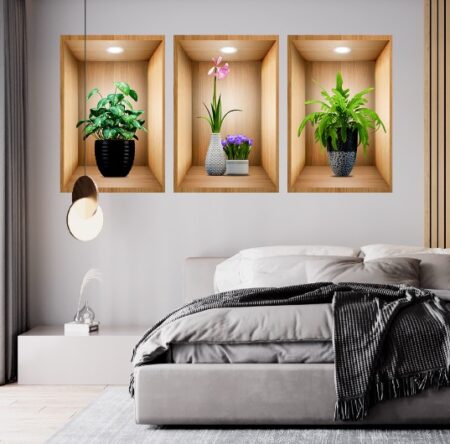 3D Çiçek Vazo Duvar Sticker 3 lü Set Kahverengi Fon (4172)