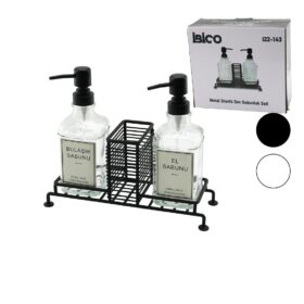 3 PCS METAL STANDLI - CAM SIVI SABUNLUK SETİ SÜNGERLİK (4172)