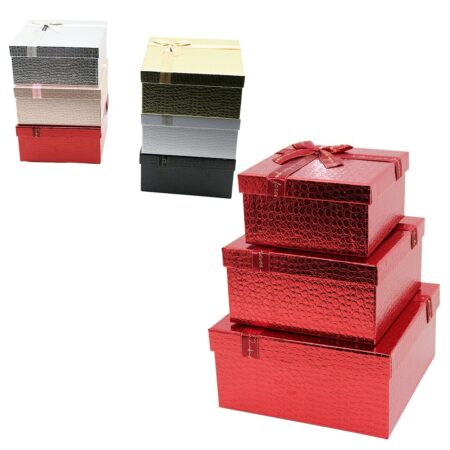 3PCS KARE PARLAK MİX RENKLİ - KABARTMA DESEN KARTON HEDİYE KUTUSU KURDELALI 25-21-17CM (4172)