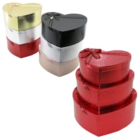 3PCS KALP PARLAK MİX RENKLİ - KABARTMA DESEN KARTON HEDİYE KUTUSU KURDELALI 31X28-27X24-23X20CM (4172)