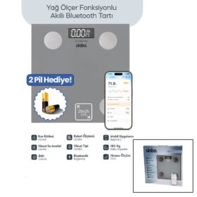 GRİ YAĞ ÖLÇER AKILLI BLUETOOTH CAM BASKÜL PİLLİ 180KG/50GR 26X26CM 8-KİŞİ HAFIZA LCD EKRAN ℃ GÖSTERGE SBS-4473 (4172)