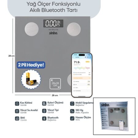 GRİ YAĞ ÖLÇER AKILLI BLUETOOTH CAM BASKÜL PİLLİ 180KG/50GR 28X28CM 8-KİŞİ HAFIZA LCD EKRAN ℃ GÖSTERGE SBS-4469 (4172)