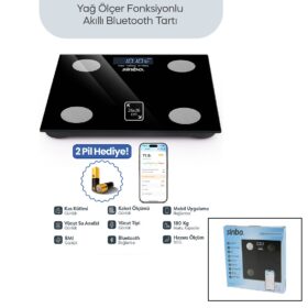 SİYAH YAĞ ÖLÇER AKILLI BLUETOOTH CAM BASKÜL PİLLİ 180KG/50GR 26X26CM 8-KİŞİ HAFIZA LCD EKRAN ℃ GÖSTERGE SBS-4470 (4172)