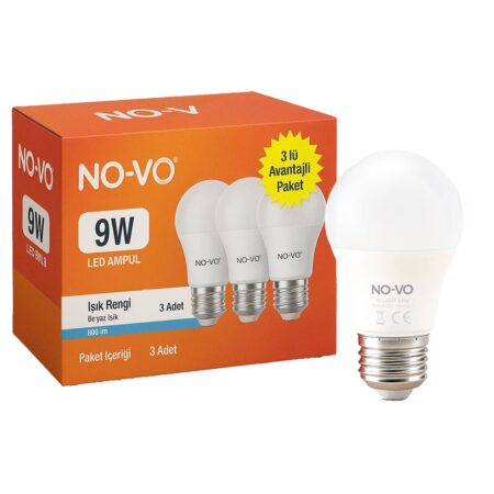 NO-VO 3LÜ AVANTAJ PAKET 9W BEYAZ LED AMPUL E27 806LM 6500K 15.000 SAAT ÖMÜR (4172)