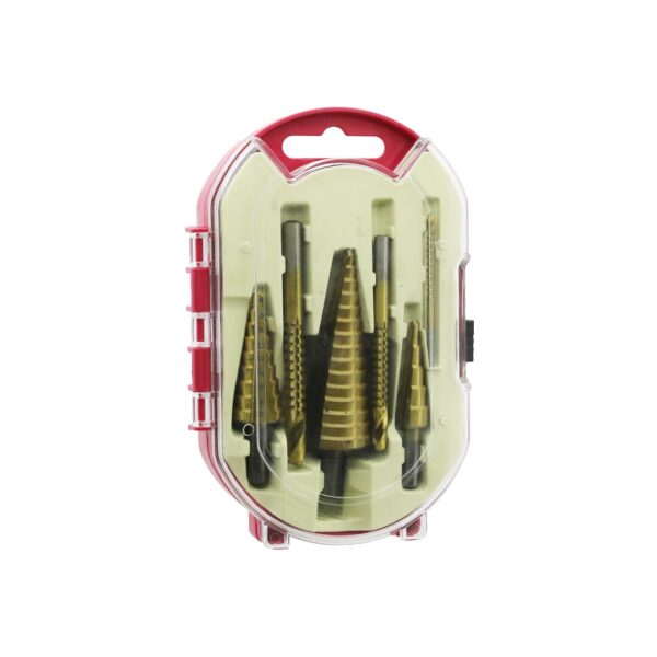 6PCS  KADEMELİ MATKAP UCU SETİ HSS ADIM - DÜZ OLUK - KONİK DELİCİ KIRMIZI PLS.AYAKLI KUTU - ŞEFFAF KAPAK (K0)