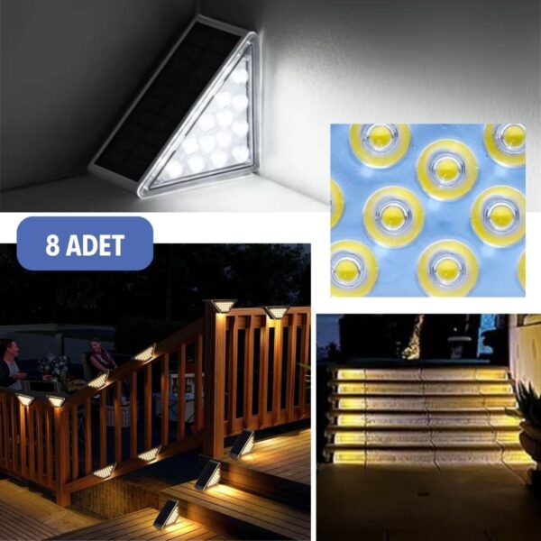  8 Adet Üçgen  Güneş Enerjisi ile Şarj Olan Dış Mekan Solar Basamak Köşe Lambası (K0) - Görsel 4