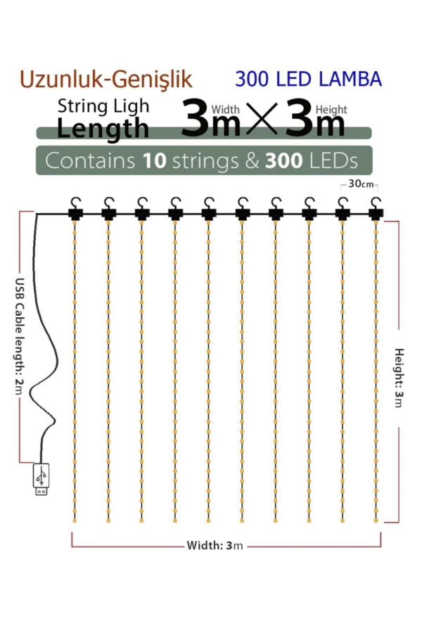 8 Fonksiyonlu Peri Perde Led Uzaktan Kumandalı Günışığı Perde Peri Led (3 Mt X 3 Mt) - Görsel 3