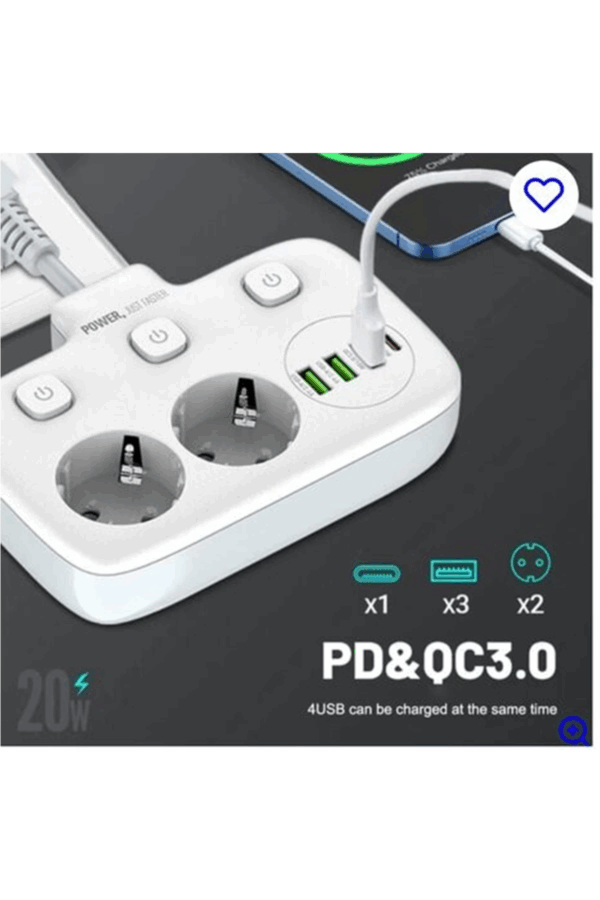 Akım Korumalı 2’li Ayrı Anahtarlı Priz, 2x Priz, 3x Usb, 1x Type-c, 2 Mt Kablo, Hızlı Şarj - Görsel 2