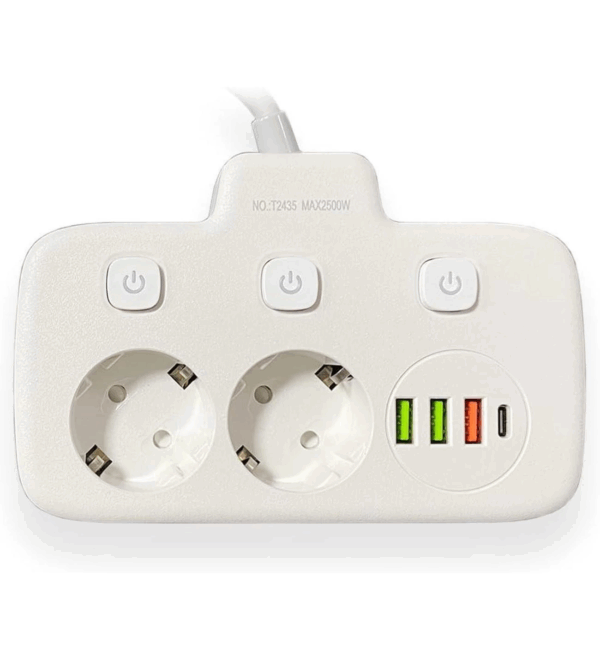 Akım Korumalı 2’li Ayrı Anahtarlı Priz, 2x Priz, 3x Usb, 1x Type-c, 2 Mt Kablo, Hızlı Şarj - Görsel 3