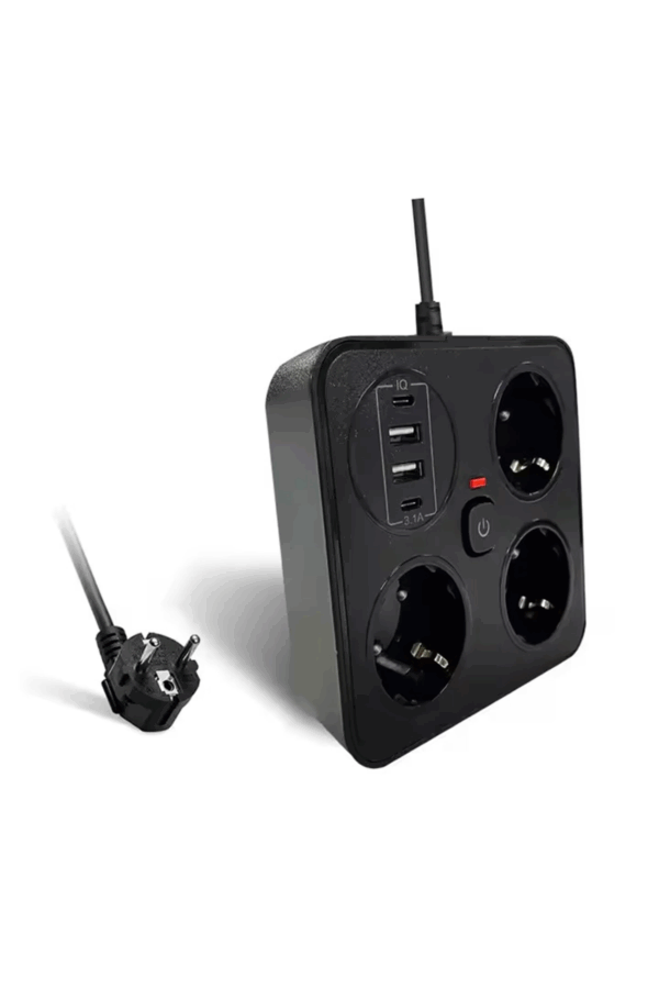 Akım Korumalı Anahtarlı Priz - 3x Priz - 2x Usb - 2x Type-c - 2 Mt Kablo Hızlı Şarj Özellikli Siyah - Görsel 2