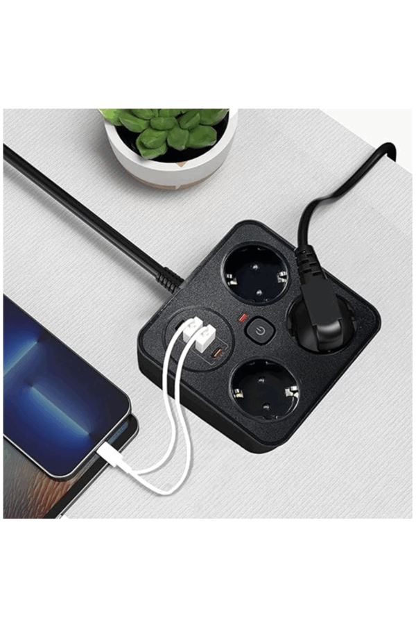 Akım Korumalı Anahtarlı Priz - 3x Priz - 2x Usb - 2x Type-c - 2 Mt Kablo Hızlı Şarj Özellikli Siyah - Görsel 3