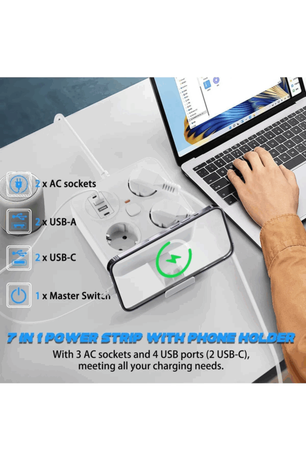 Akım Korumalı Anahtarlı Priz - 3x Priz - 2x Usb - 2x Type-c - 2 Mt Kablo Hızlı Şarj Özellikli Siyah - Görsel 5