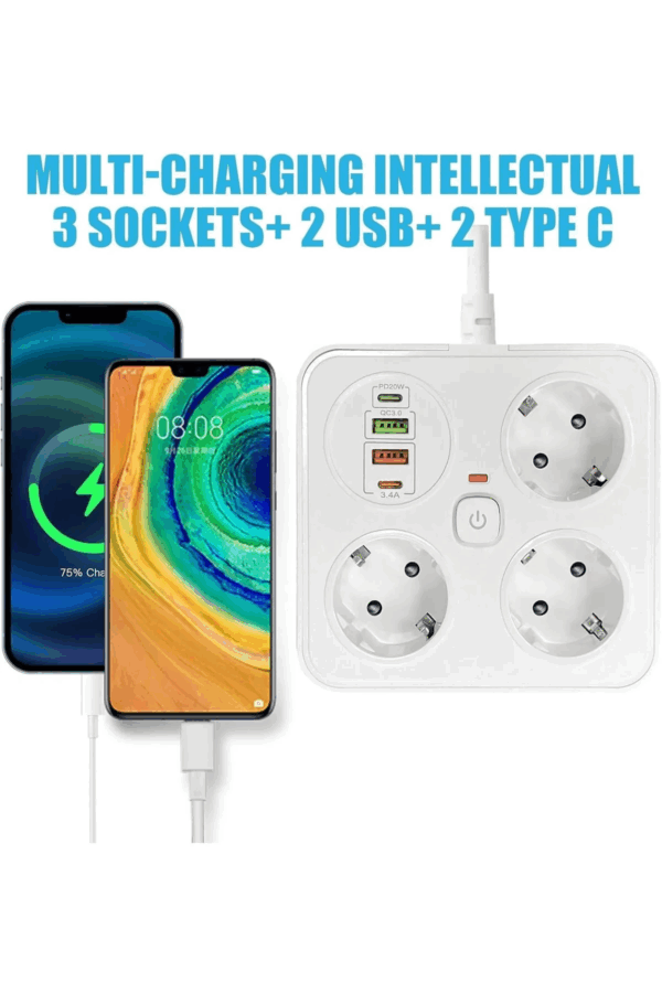 Akım Korumalı Anahtarlı Priz - 3x Priz - 2x Usb - 2x Type-c - 2 Mt Kablo Hızlı Şarj Özellikli Siyah - Görsel 6