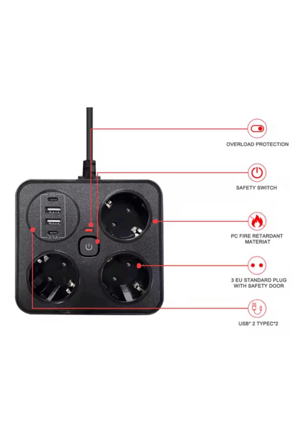 Akım Korumalı Anahtarlı Priz - 3x Priz - 2x Usb - 2x Type-c - 2 Mt Kablo Hızlı Şarj Özellikli Siyah - Görsel 7