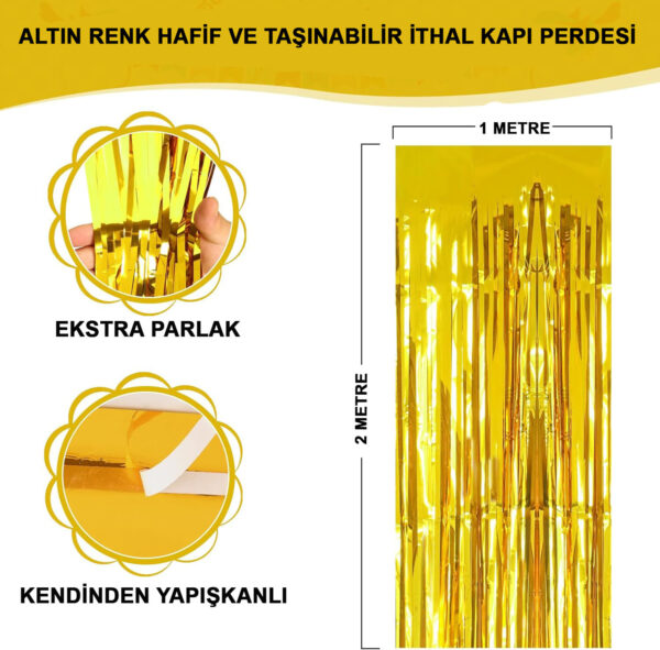 Altın Gold Renk Ekstra Metalize Parlak Saçaklı Arka Fon Perde İthal A Kalite 1x2 Metre (K0)