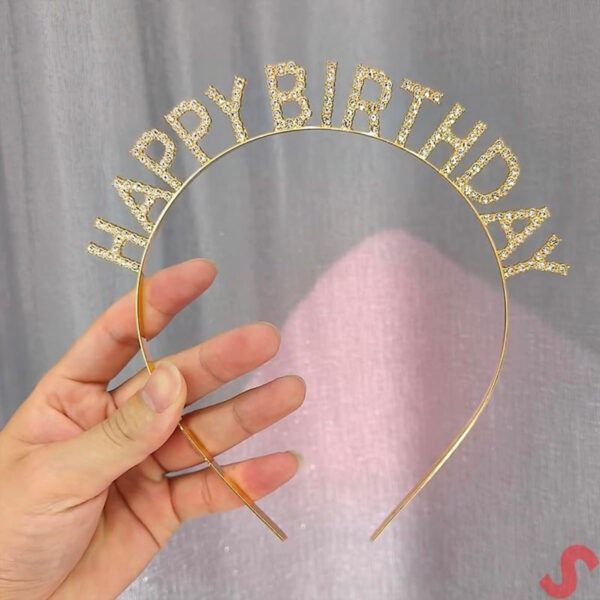 Altın Gold Renk Kristal Taşlı Parlak Happy Birthday Taç 16x17 cm (K0) - Görsel 2