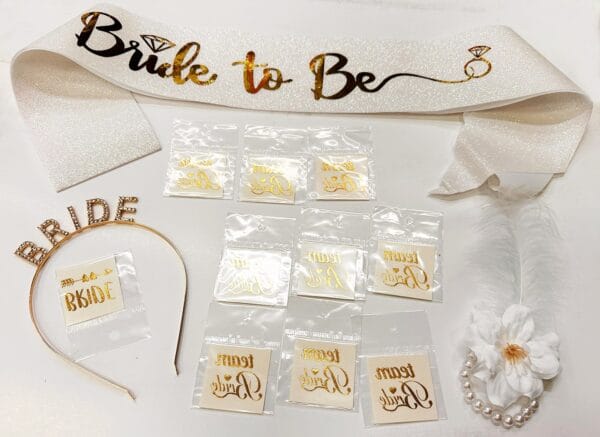 Altın Renk Bride Partisi Taç Kuşak Dövme Bileklik Seti Full 13 Parça (K0) - Görsel 2