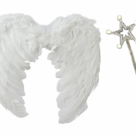 Beyaz Renk Orta Boy Çocuk Melek Kanadı 35x50 cm ve Beyaz Ponponlu Asa