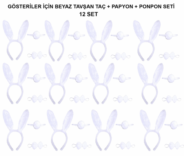 Beyaz Tavşan Kostüm Seti – Taç, Papyon, Kuyruk (12’li Paket)