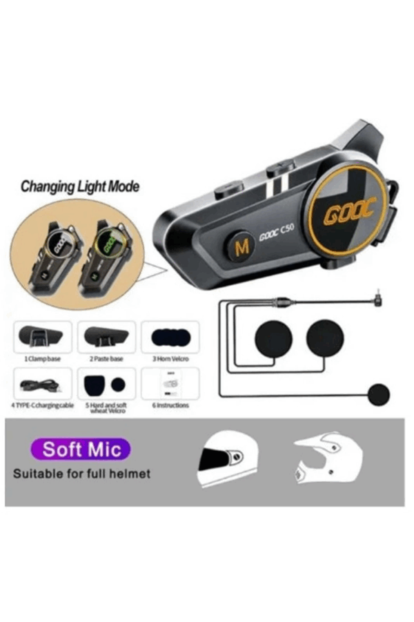C50 Motosiklet Intercom Kask Kulaklık 1000 Mah Rgb Işıklı Bluetooth Kulaklık Ip67 - Görsel 4