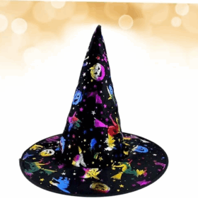 Cadı Şapkası Siyah Üzeri Rengarenk Balkabağı Cadı Figür Baskılı 38x34 cm