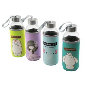 CAM ŞİŞE  MATARA SULUK  RESİMLİ BEZ KILIFLI - TAŞIMA İPLİ   420ML   KROM KAPLAMA PLS.KAPAK (K0)