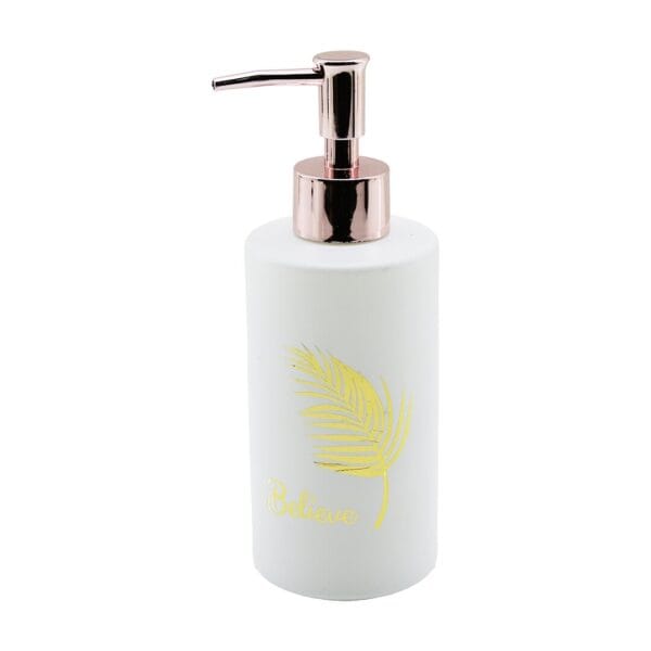 CAM  YUVARLAK - BEYAZ ŞİŞE--GOLD YAPRAK DESEN SIVI SABUNLUK 350ML BRONZ PLASTİK POMPA (K0)