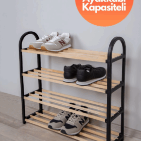 Ahşap Çubuklu 4 Bölmeli Siyah Ayakkabılık Masif Ahşap Ayakkabılık Raf Ünitesi