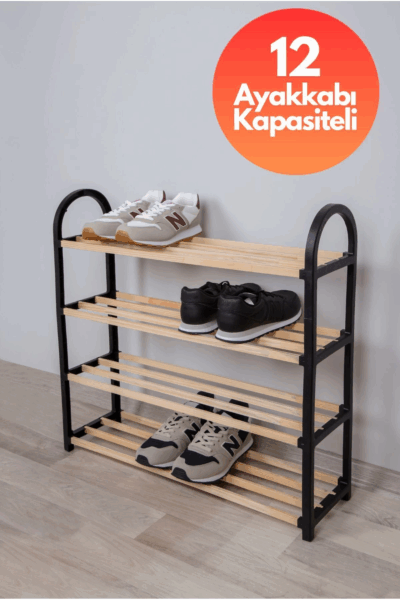 Ahşap Çubuklu 4 Bölmeli Siyah Ayakkabılık Masif Ahşap Ayakkabılık Raf Ünitesi