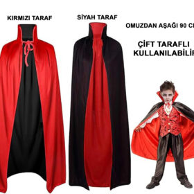 Çift Taraflı Kullanılabilir Siyah Kırmızı Yakalı Pelerin 90 cm Çocuk (K0)