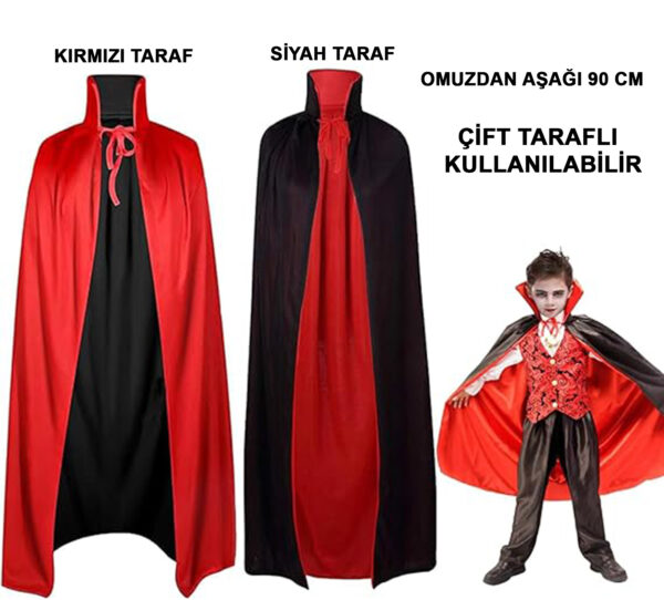 Çift Taraflı Kullanılabilir Siyah Kırmızı Yakalı Pelerin 90 cm Çocuk (K0)