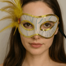 Çocuk Altın Renk Yandan Tüylü Pul Payet İşlemeli Parti Maskesi 23x12 cm