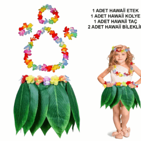Çocuk Hawaii Kostüm Seti - Yaprak Etek  Hawaii Set - 5 Parça