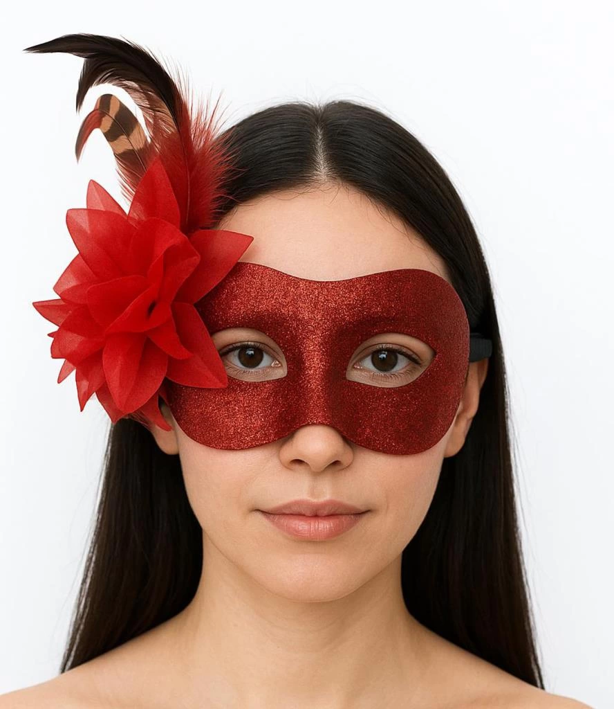 Çocuk Kırmızı Renk Metalize Sim Görünümlü Parlak Tüylü Parti Maskesi 22x19 cm - Görsel 3