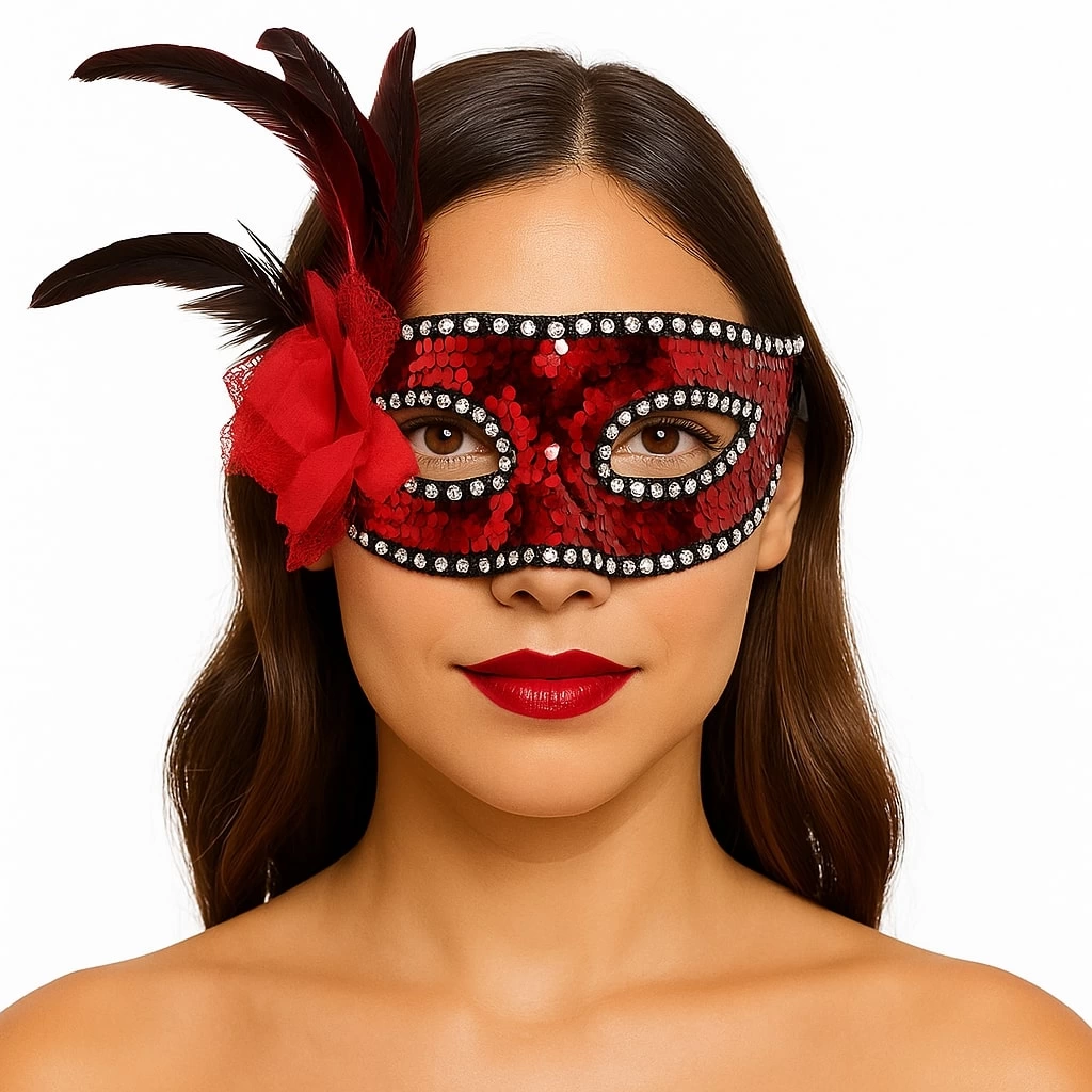 Çocuk Kırmızı Renk Yandan Tüylü Güllü Gümüş Taşlı Pullu Maske 20x22 cm - Görsel 3