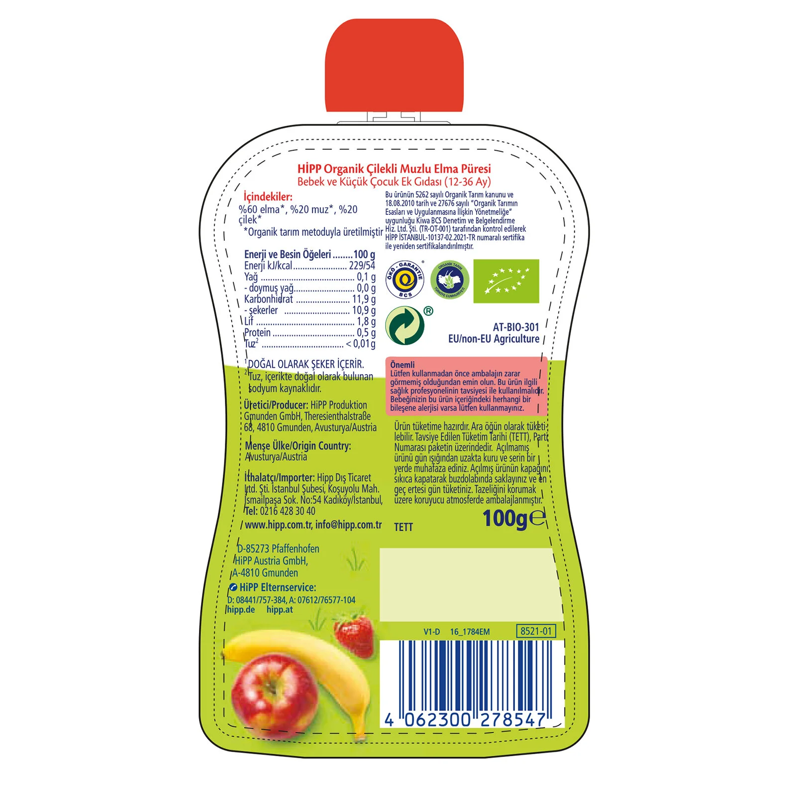 Çocuk p Organik Çilekli Muzlu Elmalı Meyve Püresi 100 Gr - Görsel 3