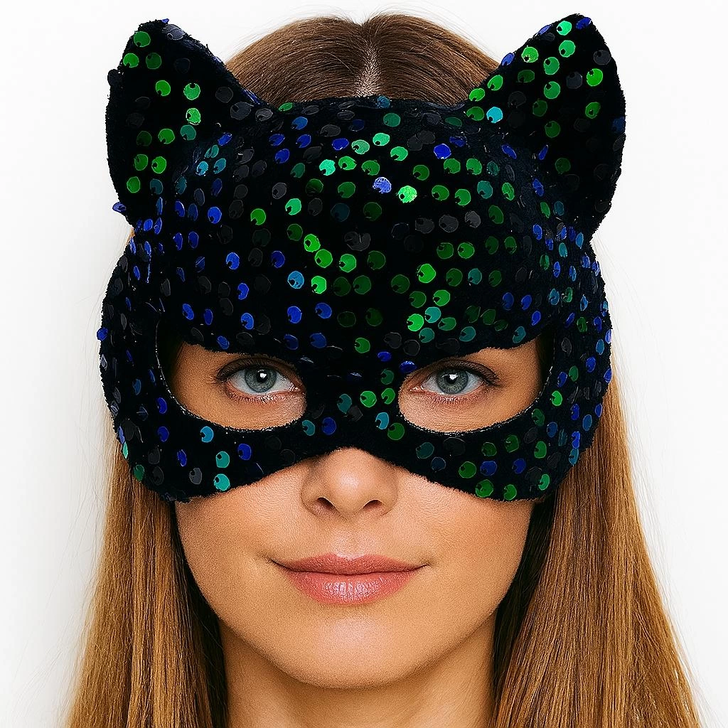 Çocuk Siyah Kadife Kumaş Üzerine Mavi Yeşilli Payetli Pullu Parti Maskesi 16x14 cm - Görsel 4