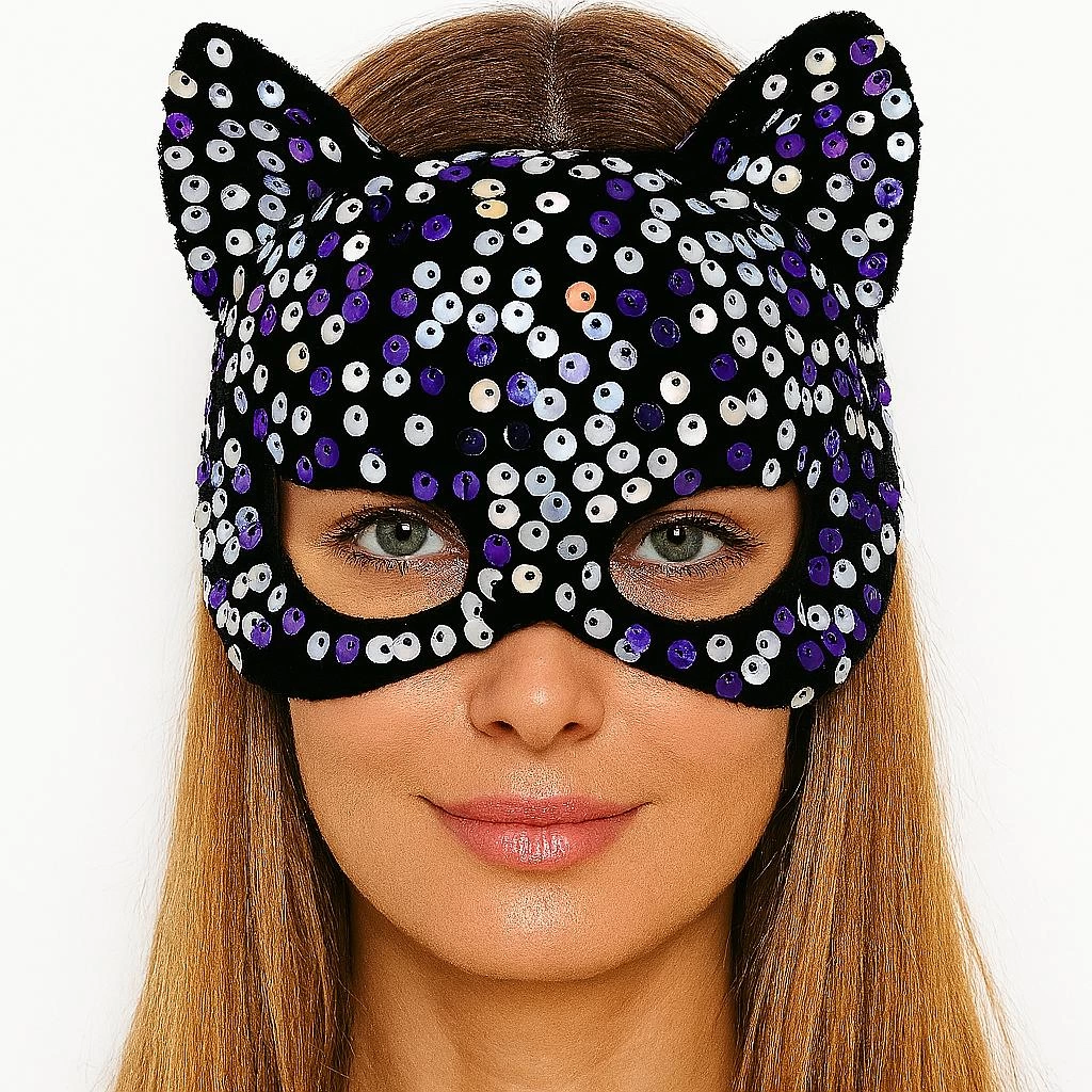 Çocuk Siyah Kadife Kumaş Üzerine Mor Beyaz Payetli Pullu Parti Maskesi 16x14 cm - Görsel 4