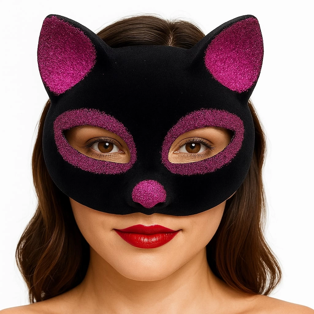 Çocuk Siyah Renk Fuşya Simli Süet Kaplama Kedi Maskesi 18x14 cm - Görsel 4