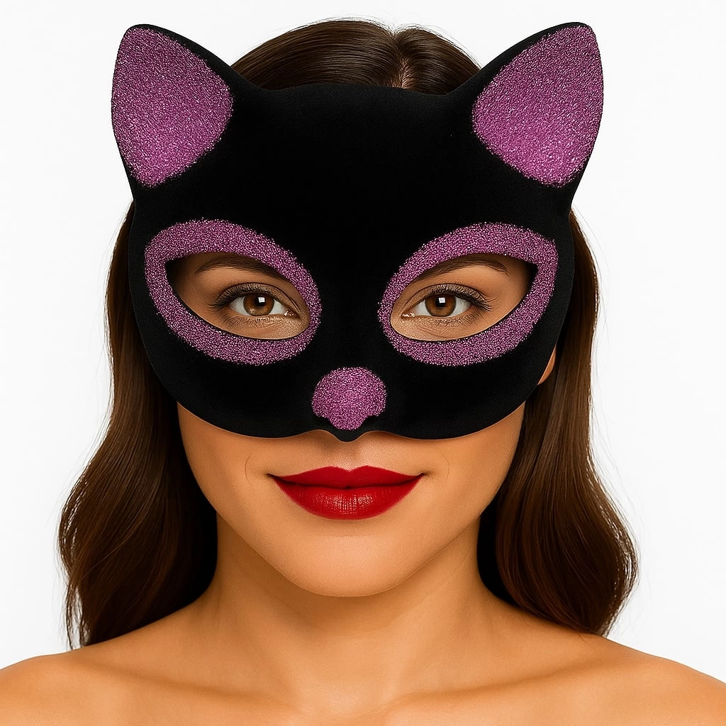 Çocuk Siyah Renk Pembe Simli Süet Kedi Maskesi 18x14 cm - Görsel 4