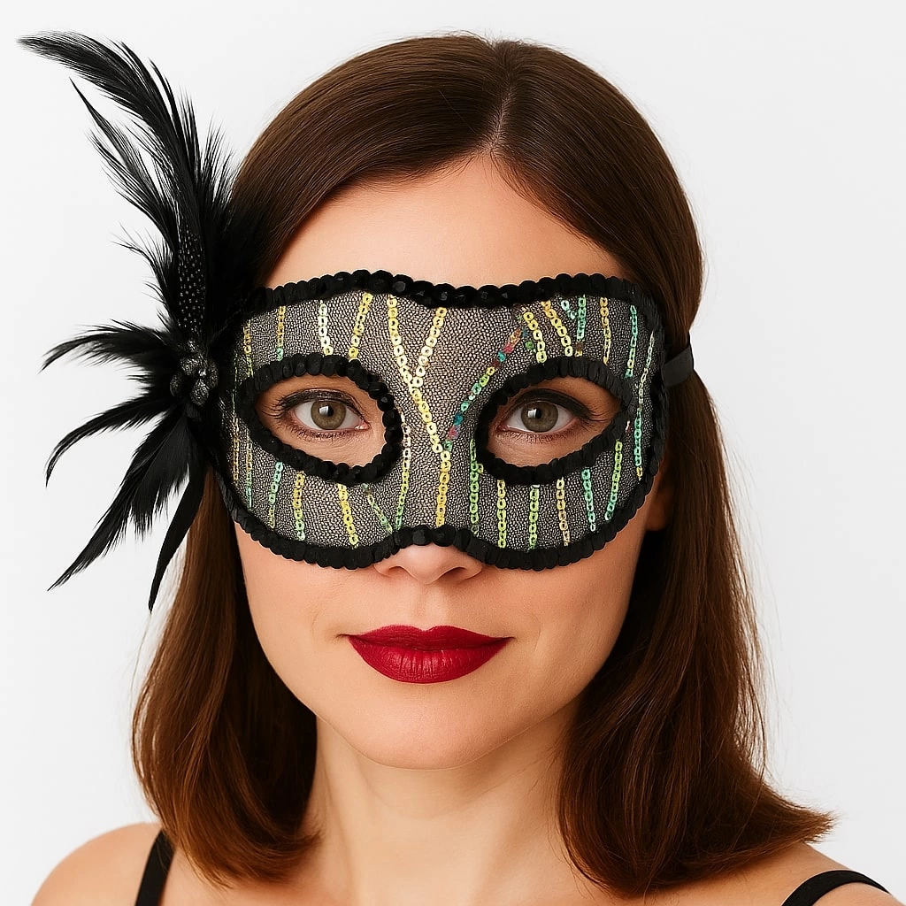 Çocuk Siyah Renk Yandan Tüylü Pul Payet İşlemeli Parti Maskesi 23x12 cm - Görsel 3