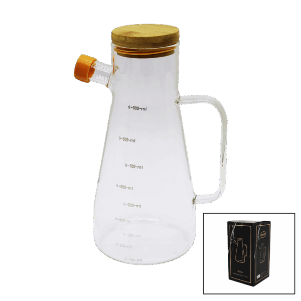 DAMLATMAZ CAM YAĞDANLIK BAMBU KAPAKLI ÖLÇEKLİ 900ML (K0)