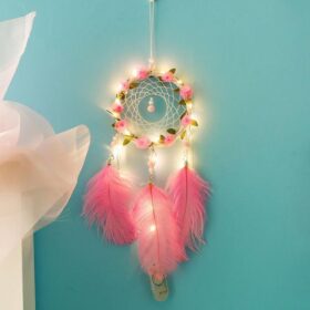El Yapımı Kuş Tüyü ve Led Işıklı Dekoratif Asma Düş Rüya Kapanı (K0)