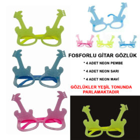 Fosforlu Gitar Model Glow Parti Gözlüğü Karanlıkta Yanan Gözlükler 12 Adet (K0)