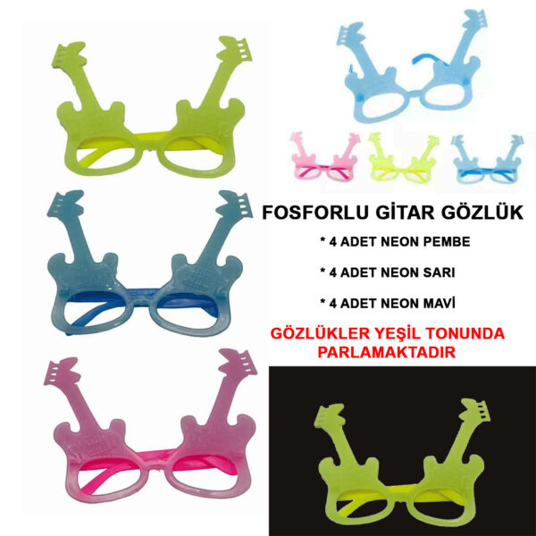 Fosforlu Gitar Model Glow Parti Gözlüğü Karanlıkta Yanan Gözlükler 12 Adet (K0)