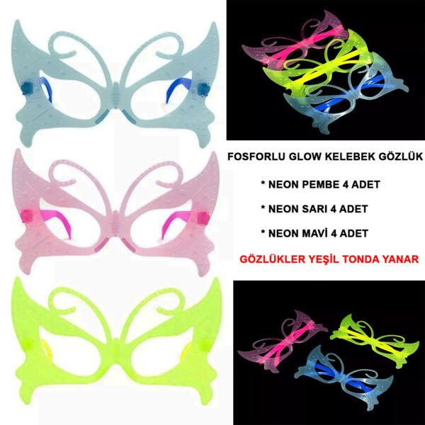 Fosforlu Kelebek Model Glow Parti Gözlüğü Karanlıkta Yanan Gözlükler 12 Adet (K0)