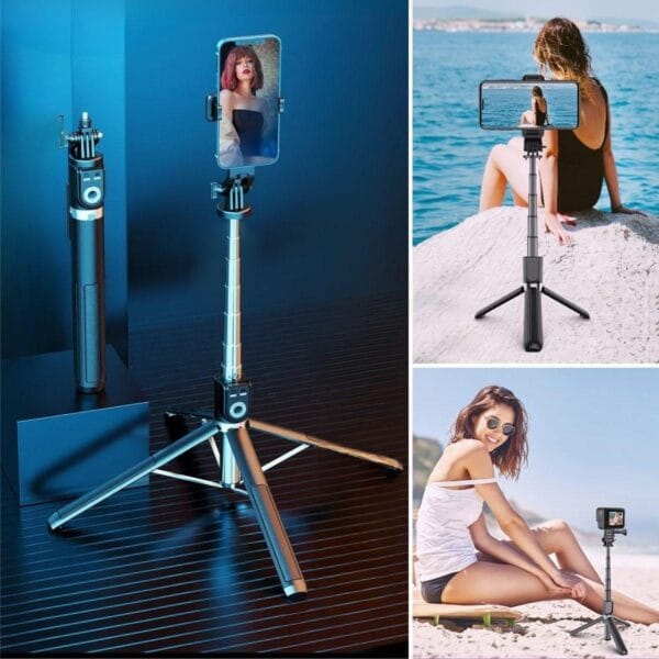 Fotoğraf Makinası ve Telefon Takılabilen 2si 1 Arada 2.2m Uzayan Selfie Çubuğu Kumandalı Tripod (K0) - Görsel 5