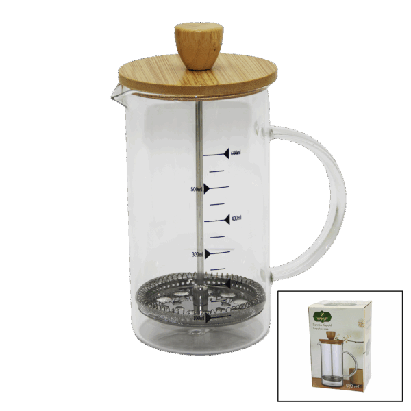 FRENCH PRESS 600ML - BAMBU KAPAKLI CAM BİTKİ SÜZGEÇ CAM KULPLU (K0)