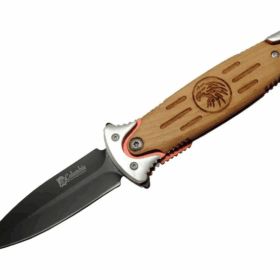 Fs 11032 Kahverengi Kurtarma / Kamp Çakısı 20cm - Kartal İşlemeli Ahşap Sap, Kemerlikli, Cam Kırma Aparatlı
